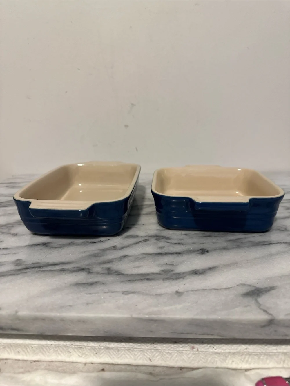 Le Creuset Cream Ceramic Baking Dishes with Blue Rim - Set of 2
